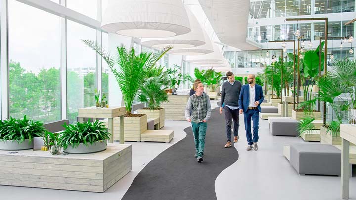 一群人走过现代化办公室，办公室四周环绕着植物和玻璃墙